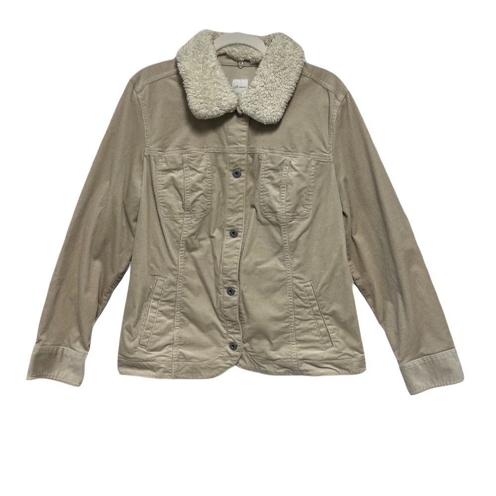 J. Jill Beige Bomber Jacket with Removable Faux Fur Soft Cream Collar